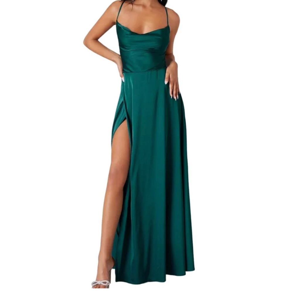 Green cowl neck split thigh maxi dress satin size small lace up back